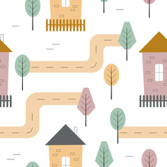 Simple cute city pastel colors endless pattern. Vector illustration of house, road, trees white background children's wallpaper textile