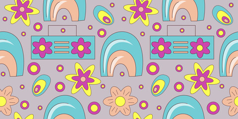 Obraz premium Groovy pattern in doodle style on colorful background. 70s retro floral seamless pattern with music and rainbow. Simple vector groovy illustration.