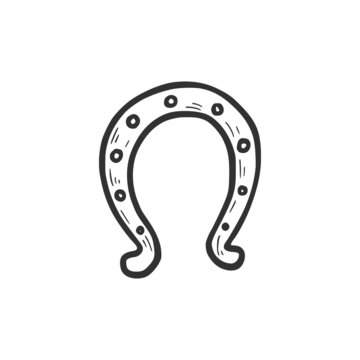 recommend clip art: Hand drawn horseshoe element. Comic doodle sketch style. Horseshoe for cowboy, western concept icon. Vector illustration.