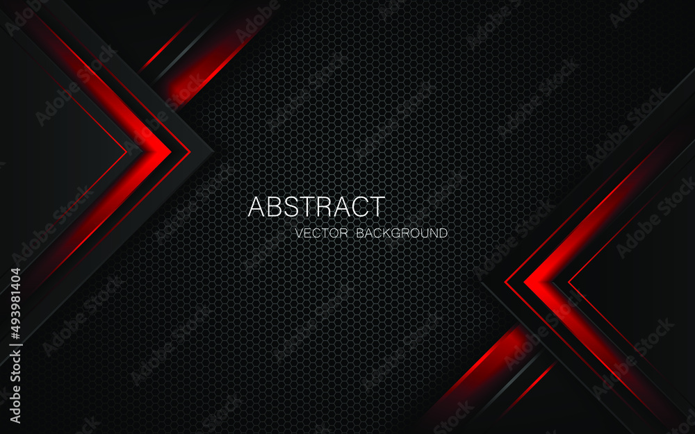 Poster abstract black and red polygons overlapped on dark steel mesh background with free space for design.