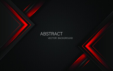 Abstract black and red polygons overlapped on dark steel mesh background with free space for design. modern technology innovation concept background
