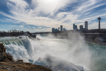 American side of Niagara Falls in winter Sunny morning.