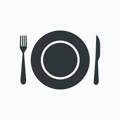 plate, knife, fork vector icon isolated. meal, dinner, food, kitchen, lunch, utensil, eat, dishware symbol