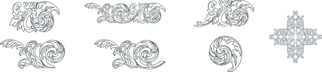 Set of vintage baroque ornament, corner. Retro pattern antique style acanthus. Decorative design element filigree calligraphy vector