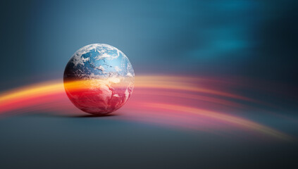Blue planet earth and orange light effect. Earth day background.
