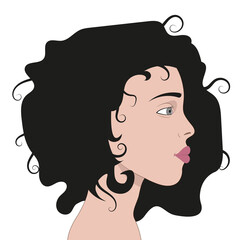 A girl in profile with dark hair and grey eyes