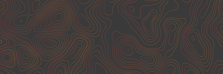 The stylized height of the topographic map contour in lines and contours. The concept of a conditional geography scheme and the terrain path. Orange on black. Ultra wide size. Vector illustration.