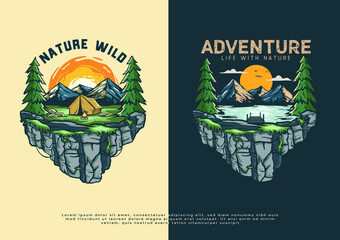 forest and lake campground illustration landscape, artwork for t-shirt printing - obrazy, fototapety, plakaty