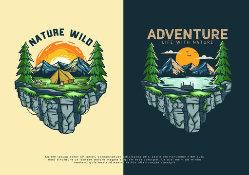 forest and lake campground illustration landscape, artwork for t-shirt printing