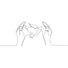 Obraz na płótnie Canvas Hands embracing dove birds - peace and freedom concept. Continuous line drawing. Minimalistic line art.