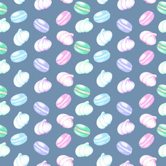 Watercolor, seamless pattern with colorful marshmallows on a blue background.