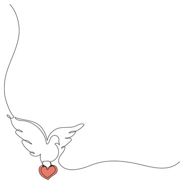 Peace in the world theme concept. Continuous one line drawing. Dove holding a heart. Minimalistic line art.