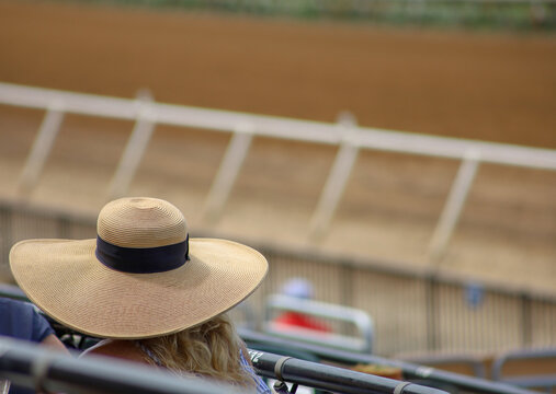 View Of A Woman With A Derby Hat Sitting Hear The Dirt Track At A Horse Racetrack With Depth Of Field Background.