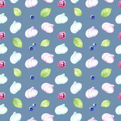 Watercolor, seamless pattern with marshmallows and berries.