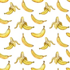 Seamless watercolor background with bananas on a white isolated background. Bright background with tropical fruits. Watercolor bananas.