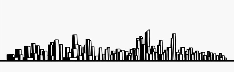 modern cityscape skyline outline doodle drawing on white background.