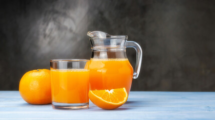 Fresh orange juice on a blue wooden table.