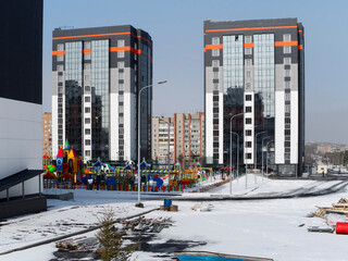 View of new residential area. Kid zone. Ust-Kamenogorsk, kz. 2022. Contemporary architecture.