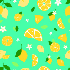 Seamless pattern with Lemonade juice, sliced lemons and leaves. Summer ornament with yellow fruits