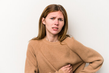 Young russian woman isolated on white background having a liver pain, stomach ache.