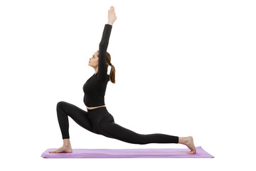 Portrait of young sportive girl doing yoga exercises on purple sport mat isolated over white studio background