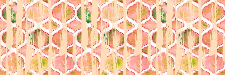 Tapeten Quatrefoil Seamless Pattern for Header. Crimson Red Geometric Morrocan Tile. Lattice Marrakesh Watercolor Header. Damask Print. Rhombus Majolica Background. Barbed Watercolour Trellis. © Vialeta