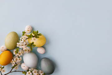 Stylish easter eggs, cherry blossoms flat lay on blue background. Modern natural dyed easter eggs,...