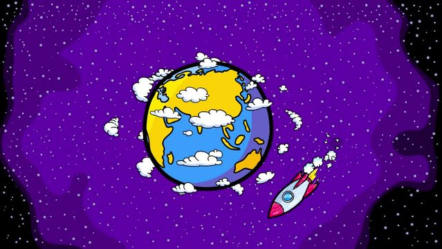 Rocket flying around earth cartoon animation seamless dynamic loop on stars space background
. Dynamic doodle children animation style. Good for any space project. Alpha channel included.
