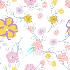 Pink Flowers Blooming Pattern. Pastel Watercolor.