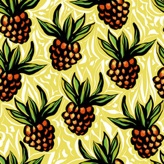 Seamless pattern with hand drawn raspberries on yellow background