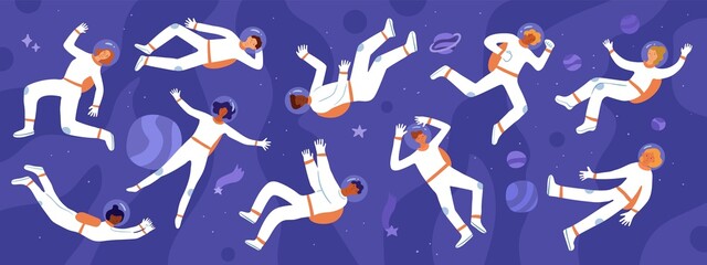 Astronauts flying in open space. Universe with free floating people in spacesuits. Spacemen in weightlessness. Cosmic discoverers. Planets or stars. Zero gravity. Vector cosmonauts set