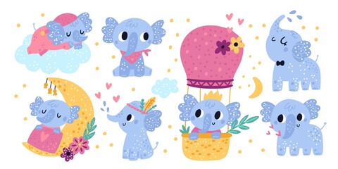 Baby elephants characters. Cute kids animals. Different poses and actions. Happy creature takes shower or sleeping on cloud. Hot air balloon flight. Dreaming cub. Vector lovely mammal set