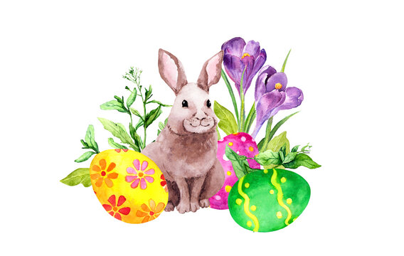 Easter bunny with decorated eggs, spring flowers, green grass. Watercolor