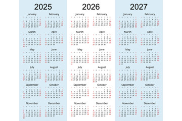 Calendar planner 2025, 2026, 2027, Corporate design planner template. Week Starts on Sunday