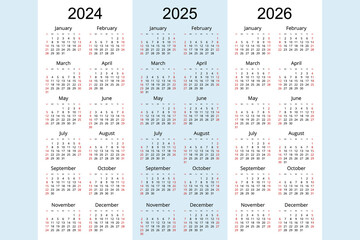 Calendar planner 2024, 2025, 2026, Corporate design planner template. Week Starts on Sunday