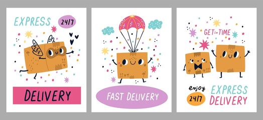 Delivery box posters. Cute cardboard container characters, funny boxes with happy faces hand drawn cartoon style, fly to addressees, express transportation, advertising banners vector set