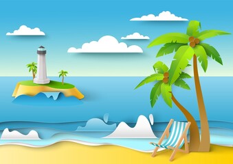 Fototapeta na wymiar Tropical beach, sea lighthouse, vector illustration in paper art style. Summer beach vacation, tourism, travel.