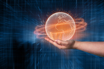 Woman hand holding virtual global Internet connection. Technology and digital marketing. Financial and banking. Big data.