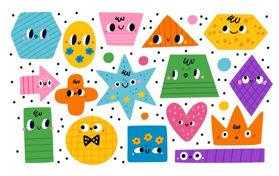 Geometric shapes characters. Basic abstract color figures with cute faces. Educational kids game. Patterned circles and polygons. Trapezoid or arrow. Vector baby learnings elements set