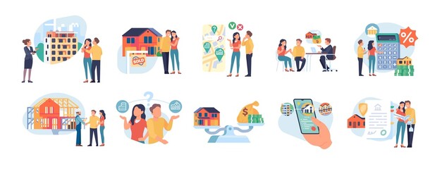 Mortgage credit people. Debt payments. Apartments evaluation. Residential house sale and rent. Real estates. Couples choose homes and take borrowed funds. Vector realtors deals set