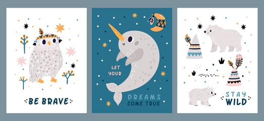 North animals cards. Cartoon arctic fauna. Cute polar bear. Funny white owl and narwhal. Snowie wildlife creature. Ethnic feathers or tents. Vector kids winter motivational posters set © VectorBum