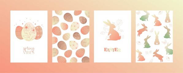 Happy Easter card. Spring greeting card. Cute easter egg, flowers and leaves. Vector flat cartoon illustration. Trendy design for social media, poster, print, card, invitation, greeting, tag