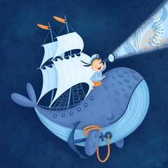 Illustration of a little sailor sailing on a blue whale