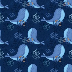 Seamless pattern blue whales with anchor swim