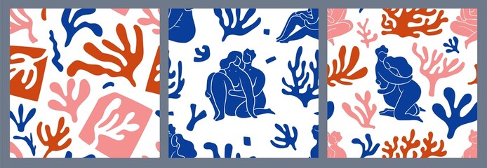 Fototapeta na wymiar Seamless Matisse style shapes. Abstract inspiration. Contemporary plants. Corals silhouettes. Hugged loved couples. Naked female and male bodies. Embracing people. Vector patterns set