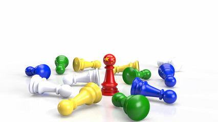 The red Chinese chess and multi colour chess on white background  for business concept 3d rendering