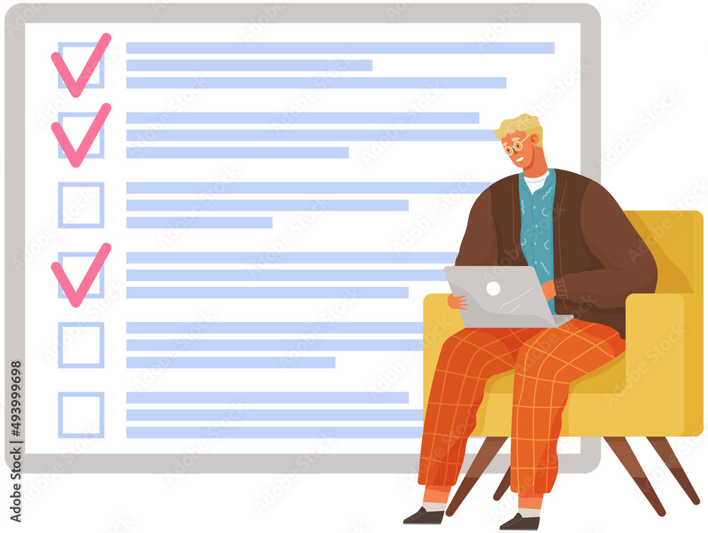 Aufkleber man sitting with laptop near big paper clipboard with check marks, to do list. successful time manag