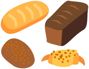 Baking and pastries of various shapes. Fresh baked goods, bread products from rye and wheat flour. Natural baked bread and croissant. Set of bakery products, healthy food vector illustration