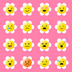 Set of Various Cute Cartoon Daisy Flower Face Emoji Emotion 3D Flat Isolated Sign Symbol
