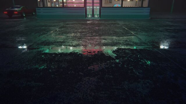 Neon diner and retro car late at night. Fog, rain and colour reflections on asphalt. Retro diner interior. Tile floor, neon illumination, jukebox and retro style bar stools. 3d illustration.	